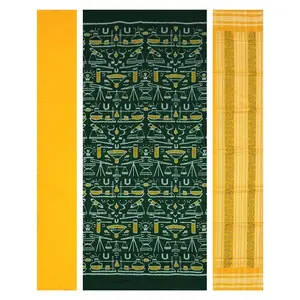 Sambalpuri cotton dress material set(Science design in Deep bottle green(almost to black) yelow and white colors combination)