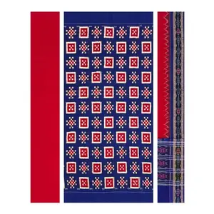 SAMBALPURI BANDHA CRAFT Sambalpuri cotton dress material set(Pasapali design in blue red and white colors combination)
