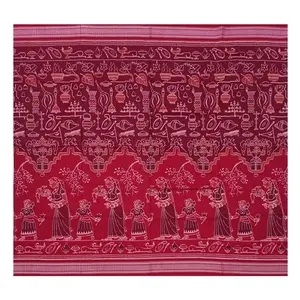 SAMBALPURI BANDHA CRAFT Sambalpuri cotton saree with blouse piece(Puja design in coffee and maroon colors combination)