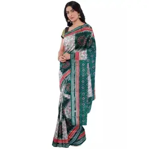 SAMBALPURI BANDHA CRAFT odisha handloom cotton saree(Green white and red colors combination)
