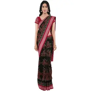 SAMBALPURI BANDHA CRAFT Sambalpuri ikkat cotton saree with blouse piece(SCSR89 Dandia design black color base)