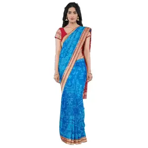 SAMBALPURI BANDHA CRAFT sambalpuri silk saree with blouse piece(SSSR1169 Deepak design sky blue and red colors combination)