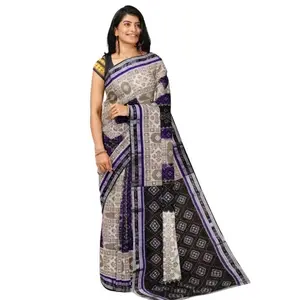 SAMBALPURI BANDHA CRAFT odisha handloom cotton saree(white violet and black colors combination)