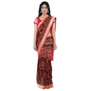 SAMBALPURI BANDHA CRAFT sambalpuri silk saree with blouse piece(SSSR1171 Tribal design coffee and red colors combination)