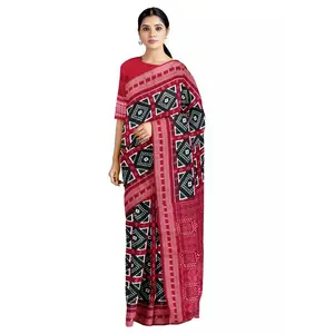 SAMBALPURI BANDHA CRAFT Sambalpuri cotton saree(SCSR127 Pasapalli design in black and red colors combination)