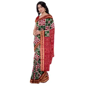 SAMBALPURI BANDHA CRAFT sambalpuri cotton saree with blouse piece(Pasapalli design in green white red colors combination)