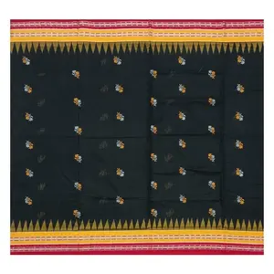 SAMBALPURI BANDHA CRAFT Sambalpuri bomkai cotton saree with blouse piece(Flower motifs in black color base)