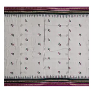 SAMBALPURI BANDHA CRAFT Sambalpuri bomkai cotton saree with blouse piece(Flower motif in white color base)