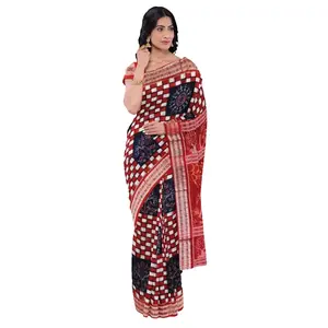 SAMBALPURI BANDHA CRAFTSambalpuri cotton saree with blouse piece(Check check and tribal art design in red white and deep blue colors)