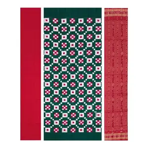 SAMBALPURI BANDHA CRAFT sambalpuri cotton dress material set(Pasapalli design in green white and red colors combination)