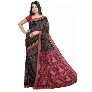 SAMBALPURI BANDHA CRAFT Sambalpuri cotton saree with blouse piece(Rangoli(Jhuti) design in black and maroon color combination)