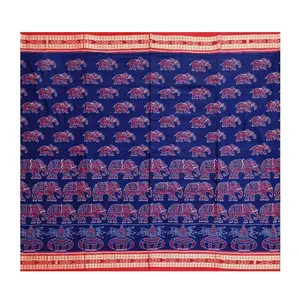 SAMBALPURI BANDHA CRAFT Sambalpuri cotton saree with blouse piece(elepahnt design in Blue and red colors combination)