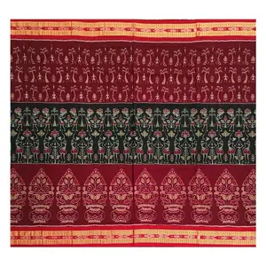 SAMBALPURI BANDHA CRAFT sambalpuri cotton saree with blouse piece(Terracotta art design maroon black colors combination)