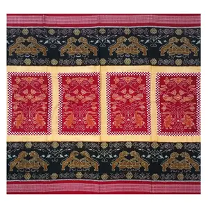 SAMBALPURI BANDHA CRAFT Sambalpuri cotton saree(Box design in red balck and light peach colors combination)