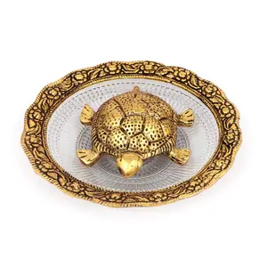 SILVER FILIGREE CRAFT - CHANDI TARKASHI Oxidized Gold Plated Vaastu/Feng Shui Tortoise with Glass Plate. Tortoise for Good Luck Showpiece (Golden Diameter: 5.5 Inch) RSNMH001MGTP
