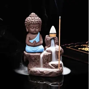 KU - BUDDHIST FIGURINES Incense Holder Meditating Monk Buddha Smoke Backflow Fountain with Scented Cone Home Decorative Idol and Figurine showpiece (Color: Sky Blue)(Conical)
