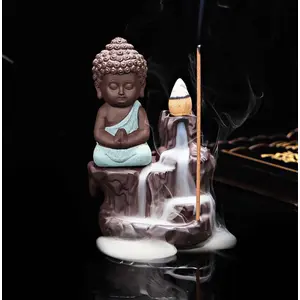 KU - BUDDHIST FIGURINES Meditating Monk Buddha Smoke Backflow Cone Incense Holder Decorative Showpiece with 10 Free Smoke Backflow Scented Cone Incenses (White)