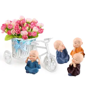 KU - BUDDHIST FIGURINES Set of 4 Monks Buddha Figurines Showpiece with Cycle Shape Flower Vase with Artificial Flower for Table Desktop Wall Shelf Living Room Home Office Decoration(Multicolor)