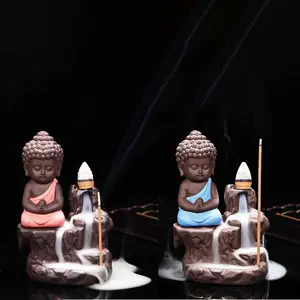 KU - BUDDHIST FIGURINES Handcrafted Meditating Little Baby Monk Buddha Smoke Backflow Cone Incense Holder with 20 Incense Cones