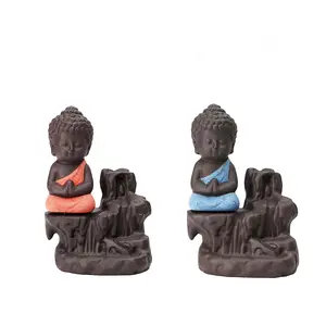 KU - BUDDHIST FIGURINES Handcrafted Meditating Little Baby Monk Buddha Smoke Backflow Cone Incense Holder with 20 Incense Cones Decorative Showpiece - 12 cm (Polyresin Red Blue)