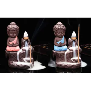 KU - BUDDHIST FIGURINES Monk Buddha Smoke Backflow Cone Incense Holder 4 x 5 Multicolour 2 Piece