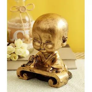 KU - BUDDHIST FIGURINES Polyresin Decorative Monk Buddha Showpiece - Decorations Items for Home - Gifts (Golden 11x9x14cm)