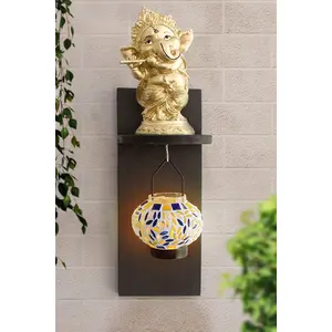 KU - BUDDHIST FIGURINES Decorative Ganesh Figurine Showpiece Hanging T Light Candle Holder with Wooden Wall Shelf - Decoration Item for Home Living Room Dining Room Pooja Room Balcony Office Resturant