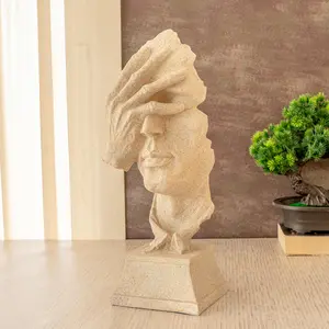 KU - BUDDHIST FIGURINES Creative Modern Art Decorative Human Face Showpiece Couple Statue with Hand Figurine for Home Dcor Office Living Room Bedroom Table Top Decoration Items (Beige 33 x 10 cm Resin)