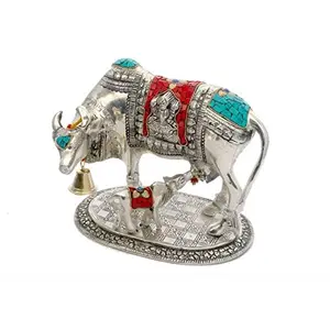 Metal Silver Elegant Kamdhenu Cow and Calf Statue for Home Decor and Gift (L X W X H) : 21 X 15 X 20 cms