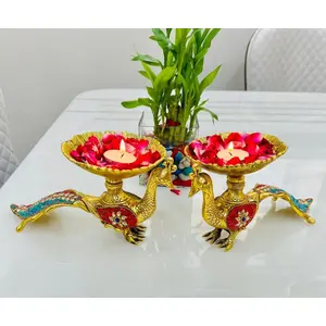 German Silver Hand Carving Peacock Platter Bowl Pair (Set of 2 Pcs) with Semi Precious Stone Carving for Table Decor Diwali Festival Gift and Showpiece Golden Color - Size - 10 x 5 x 5 Inch