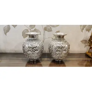 German Silver Engraved Vase/Matki/Bowl Pair for Home/Office Decor - Size (WxH) - 5 x 7 Inch - Pack of 2 Pcs (Peacock Design)