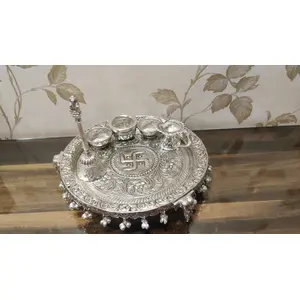 German Silver Hand Engraved Heavy Pooa Thali (Diameter 11) With Full Ghungru Layer And Elephant Legs Stand Set of 6 Items