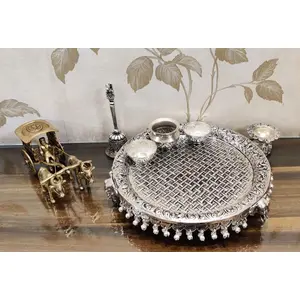 German Silver Heavy Pooa Thali (Diameter 11") With Full Ghungru Layer And Elephant Trunks Stand Set of 6 Items