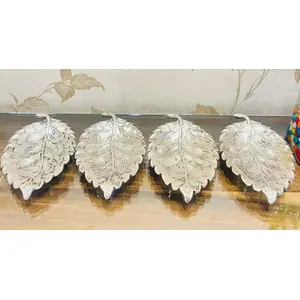 TIBETAN SILVER ENGRAVING PRODUCTS German Silver with Silver Plating Hand Engraved Leaf PLATTERS (Set of 4 pcs) - Size (9 x 5 inch Each)