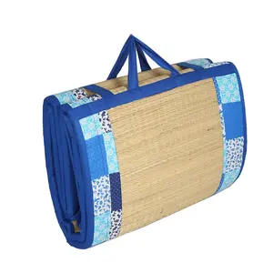 SHITALPATI GRASS MAT Foldable Cushion Mat Korai River Grass (4 X 6 ft Fabric New Blue Cotton) with 18 MM Soft Foam Portable and Comfort Sleep