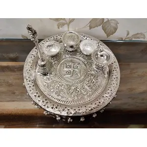 German Silver Hand Engraved Heavy Pooa Thali (Diameter 10.5) With Full Ghungru Layer And Elephant Legs Stand Set of 6 Items