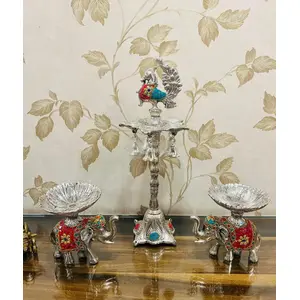 German Silver Peacock Samai Diya Stand with 2 Elephant Platters for Decoration with Semi Precious Stone Carving Silver Color - Pack of 2 (Size: Samai 17 x 6.5 Inch & Elephant Platter 6x6.5x5 Inch)