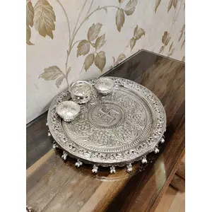 TIBETAN SILVER ENGRAVING PRODUCTS German Silver Hand Engraved Heavy Pooja Thali (Diameter 10.5") with Full Ghungru Layer And Elephant Legs Stand- Silver Set of 4 Items