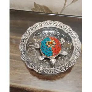 TIBETAN SILVER ENGRAVING PRODUCTS German Silver Feng Shui Tortoise with Semi Precious Stone Work Showpiece for Good Luck (TORTOSE Plate 6.5 INCH)