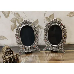 TIBETAN SILVER ENGRAVING PRODUCTS Antique German Silver Oval Photo Frame Pair with Reflective Sheet for Home Decor and Gifting - Size 10 X 7 Inch Pack of 2 pcs