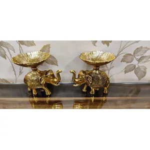 TIBETAN SILVER ENGRAVING PRODUCTS German Silver Golden Plated Up-Trunk Elephant Platter Pair (Set of 2 Pcs) for Table Decor Showpiece - Size - 6 x 6.5 x 5 Inch