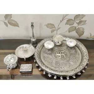 German Silver Hand Engraved Heavy Pooja Thali (Diameter 10.5) With Full Ghungru Layer Set of 8 Items