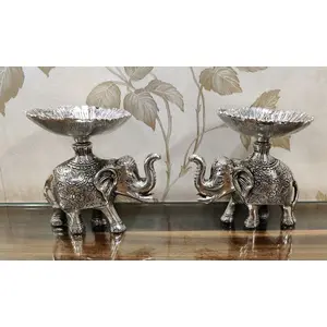 TIBETAN SILVER ENGRAVING PRODUCTS German Silver Up-Trunk Elephant Platter Pair (Set of 2 Pcs) for Table Decor Showpiece - Size - 6 x 6.5 x 5 Inch