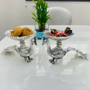TIBETAN SILVER ENGRAVING PRODUCTS German Silver Hand Carving Peacock Platter Bowl Pair (Set of 2 Pcs) for Table Decor Diwali Festival Gift and Showpiece - Size - 10 x 5 x 5 Inch