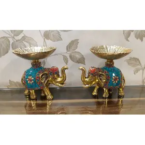 TIBETAN SILVER ENGRAVING PRODUCTS German Silver Up-Trunk Elephant Platter with Golden Plating Pair (Set of 2 Pcs) with Semi Precious Stone Work for Table Decor Showpiece - Size 6.5 x 5.5 Inch