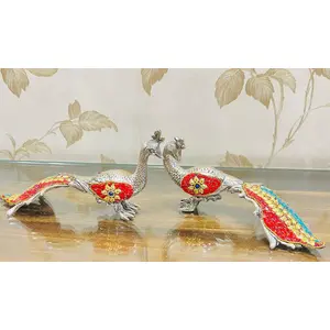 TIBETAN SILVER ENGRAVING PRODUCTS German Silver Hand Carving Peacock Pair with Semi Precious Stone Carving Work(Set of 2 Pcs) for Table Decor Diwali Festival Gift and Showpiece - Size - 10 x 5 x 5 Inch