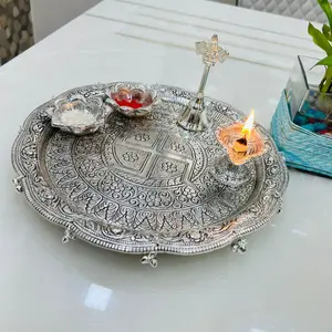 German Silver Hand Engraved Heavy Peacock Pooja Thali (Diameter 11) With Garud Ghanti Bowl Set & Diya Set of 5 Items