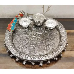 German Silver Hand Engraved Heavy Peacock Pooja Thali (Diameter 11) With Semi Precious Stone Work Set of 4 Items