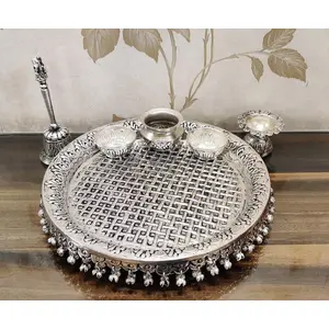 German Silver Heavy Pooa Thali (Diameter 11) With Full Ghungru Layer And Elephant Legs Stand Set of 6 Items