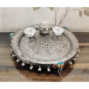 German Silver Hand Engraved Heavy Pooa Thali (Diameter 11) With Semi Precious Stone Work And Elephant Legs Stand Set of 4 Items